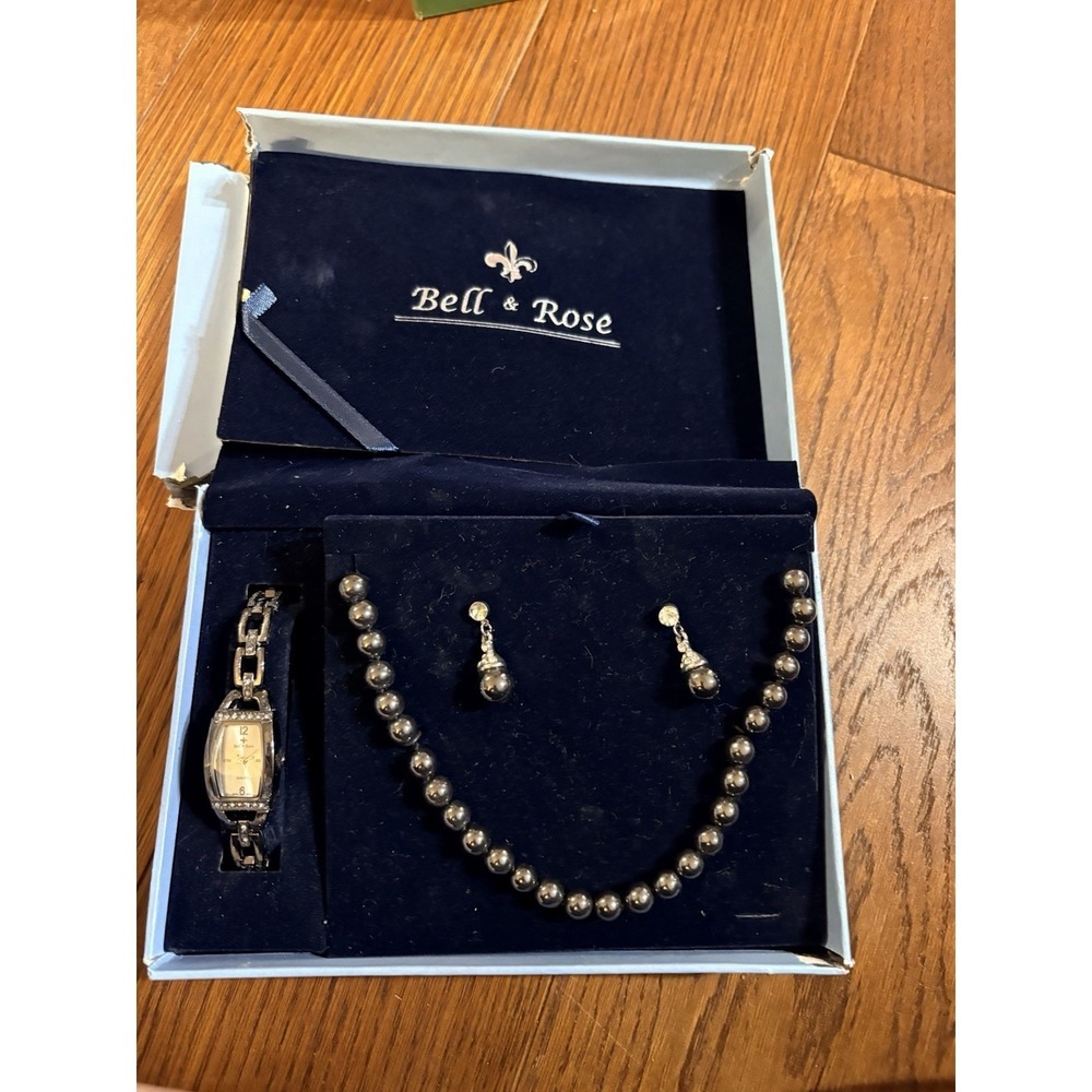 Bella & Rose Black Pearl Necklace, Earring & Watch Set -New Beautiful -Vintage